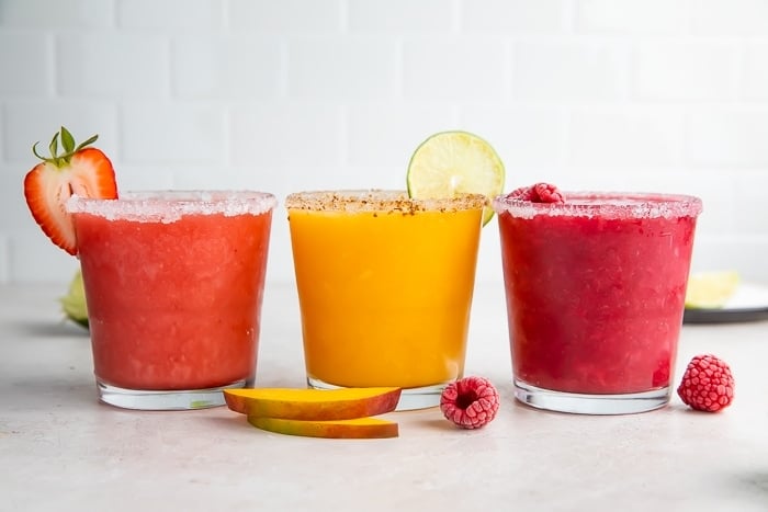 Three different flavors of fruity margaritas