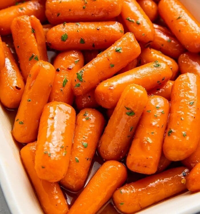 Candied carrots in a baking dish