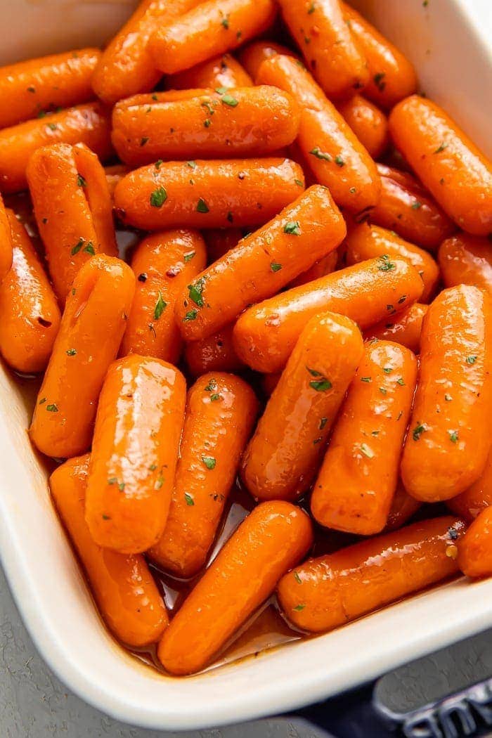 Candied carrots in a baking dish