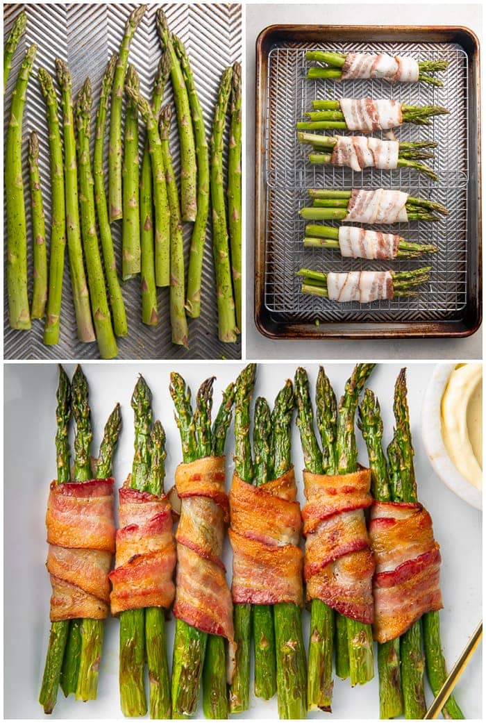 3 photo graphic showing the steps to make baked bacon-wrapped asparagus stalks