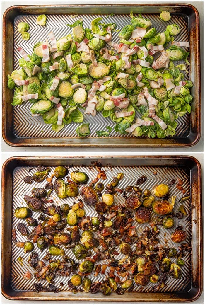 Before and after photos of brussels sprouts and bacon on a silver sheet pan