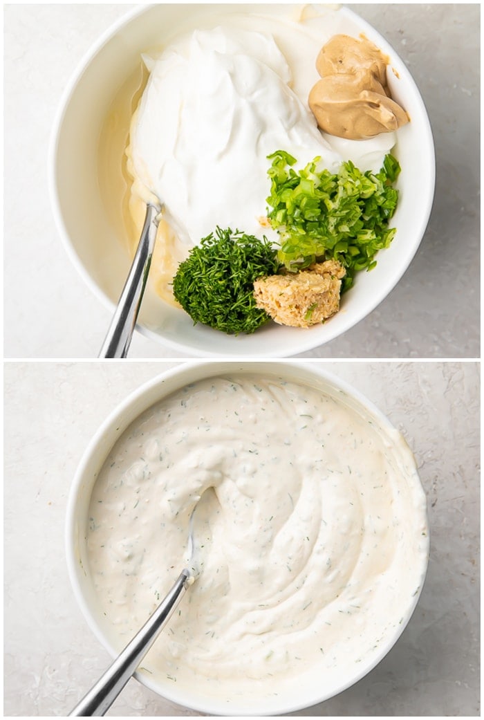 2 image instruction graphic showing how to make homemade horseradish sauce in a white mixing bowl