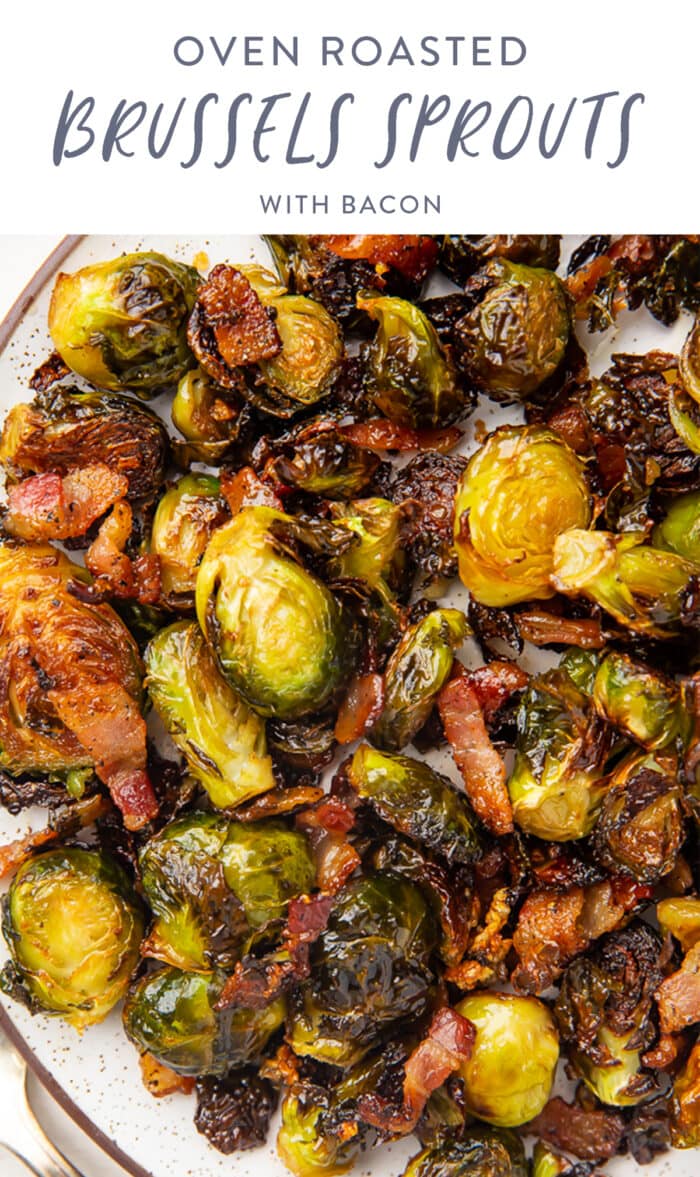 Pinterest graphic for oven roasted brussels sprouts with bacon