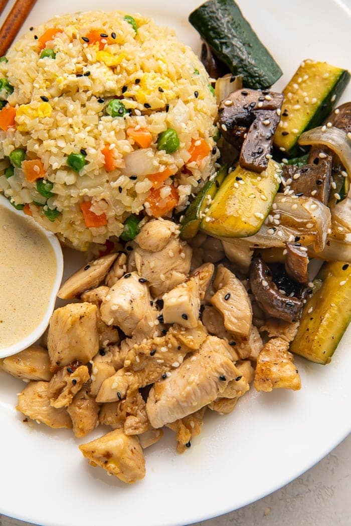Paleo hibachi chicken, veggies, and cauliflower rice