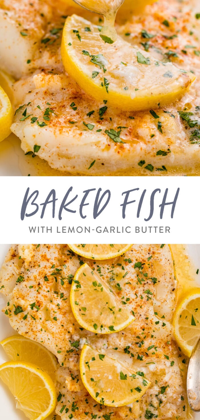 Pin graphic for baked fish with lemon-garlic butter