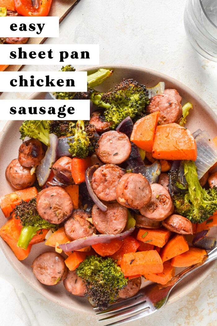 Pinterest graphic for sheet pan chicken sausage