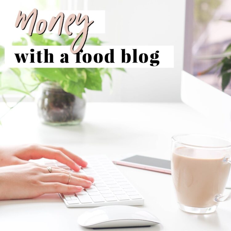 Graphic for how to make money with a food blog. A pair of hands typing on a white iMac keyboard, with a white Apple mouse, a clear glass mug of coffee, and the corner of an iMac in the frame.
