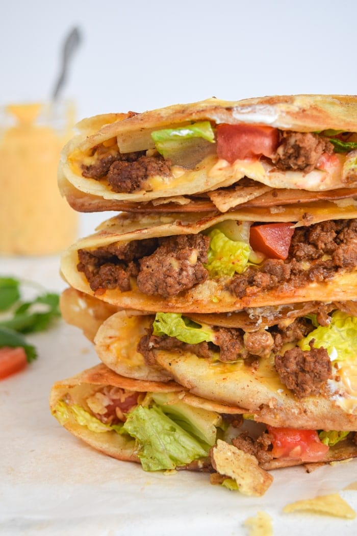 Stack of crunchwraps cooked after using the Mexican tortilla wrap hack