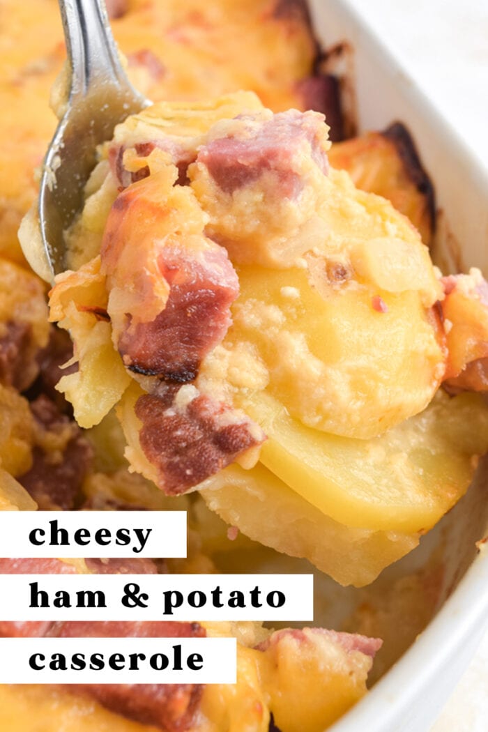 Pinterest graphic for cheesy ham and potato casserole