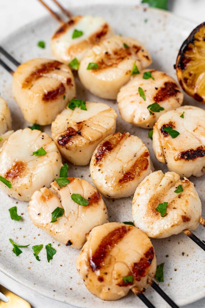 Grilled scallops on a plate topped with chopped parsley and a lemon on the side.