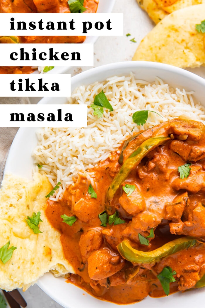 Pin graphic for Instant Pot chicken tikka masala