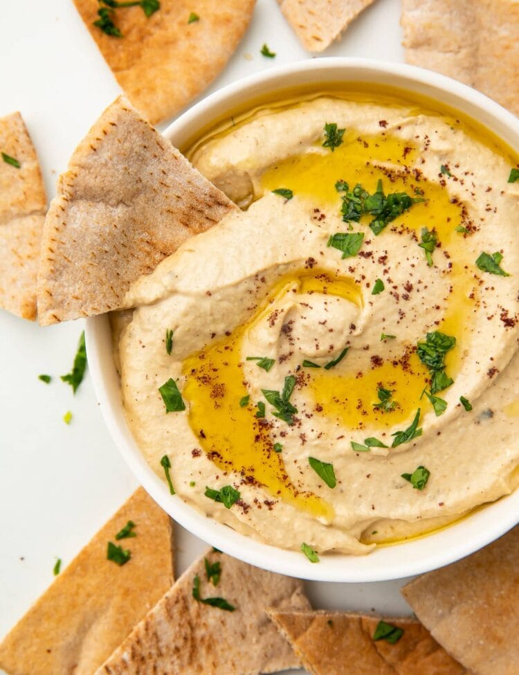 Baba ganoush in a bowl with pita chips
