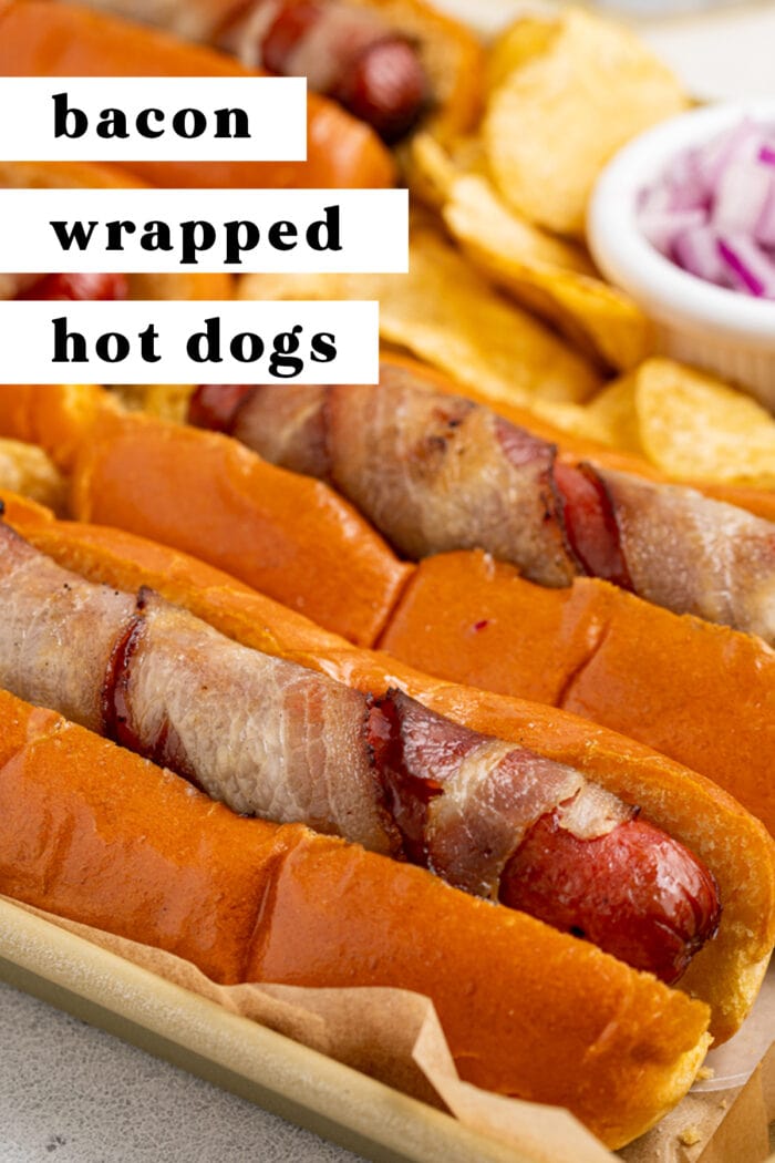 Pin graphic for bacon wrapped hot dogs