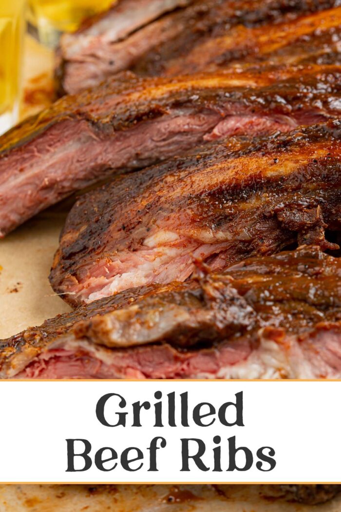 Pin graphic for grilled beef ribs.