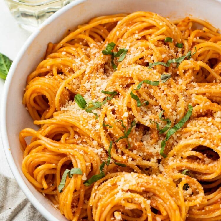 Pomodoro sauce on a bowl of pasta