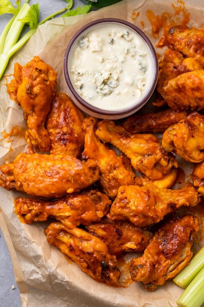 A plate of Instant Pot chicken wings with ranch dressing