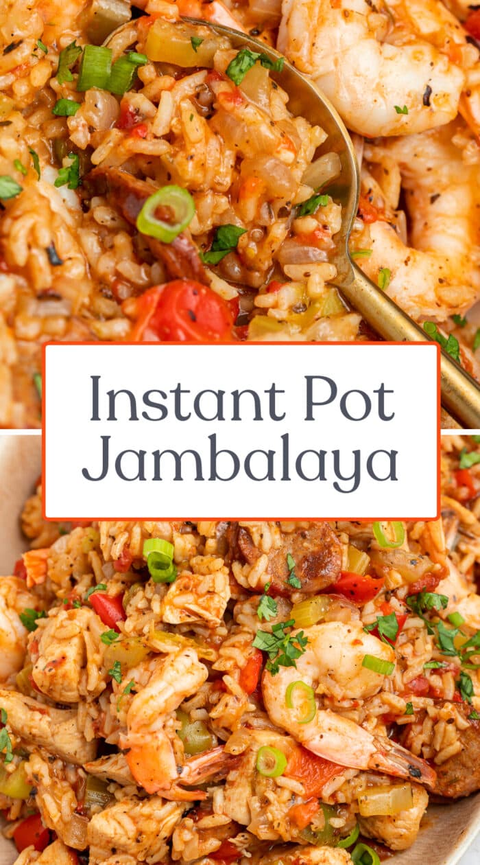 Pin graphic for Instant Pot jambalaya