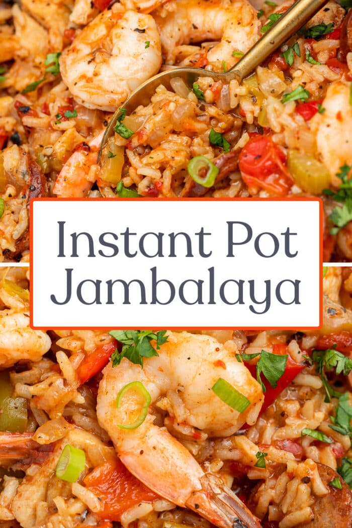 Pin graphic for Instant Pot jambalaya