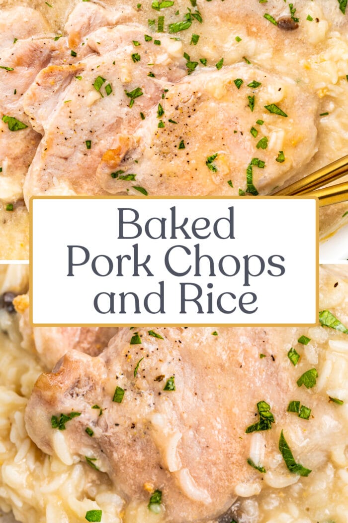Pin graphic for pork chops and rice