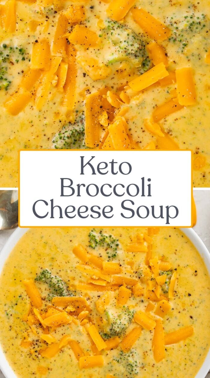 Pin graphic for keto broccoli cheese soup
