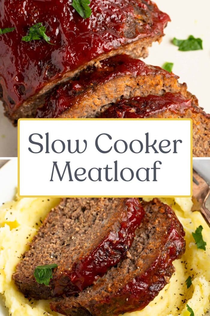 Pin graphic for slow cooker meatloaf