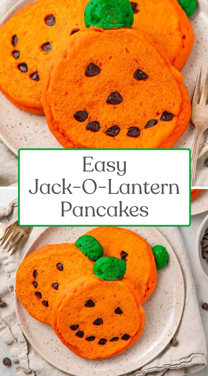 Pin graphic for jack-o-lantern pancakes
