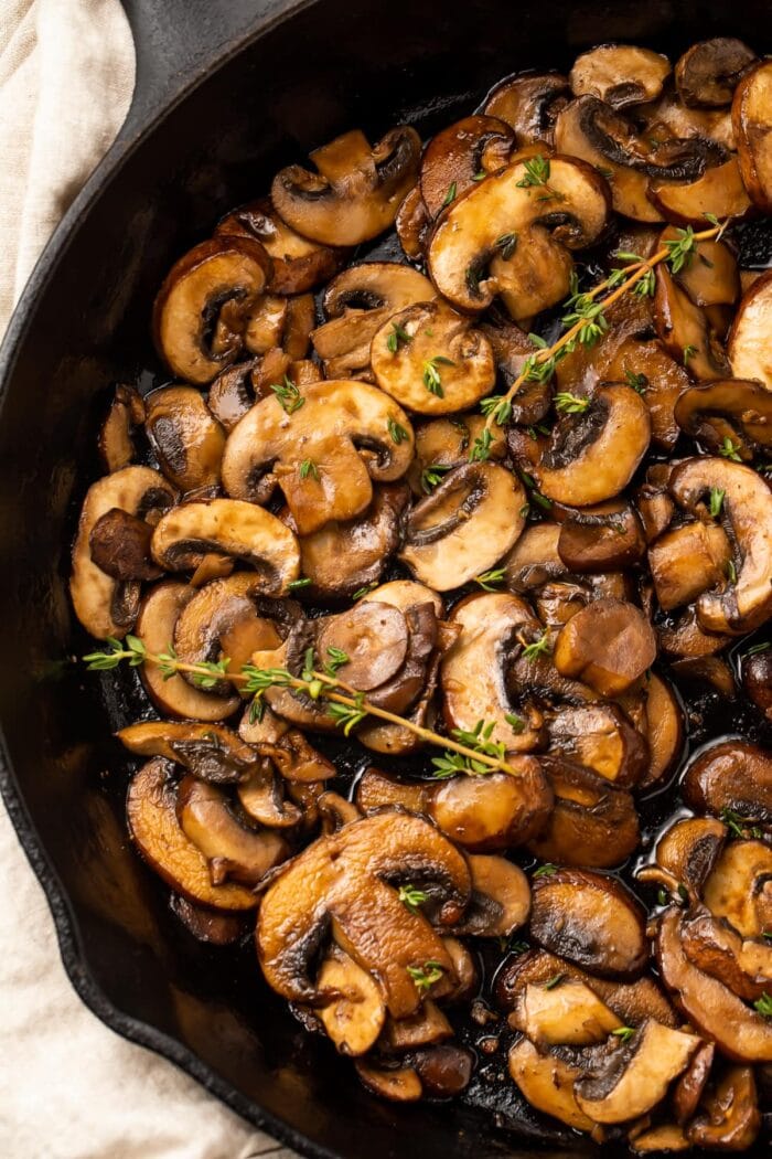 Sauteed mushrooms in a cast iron skillet