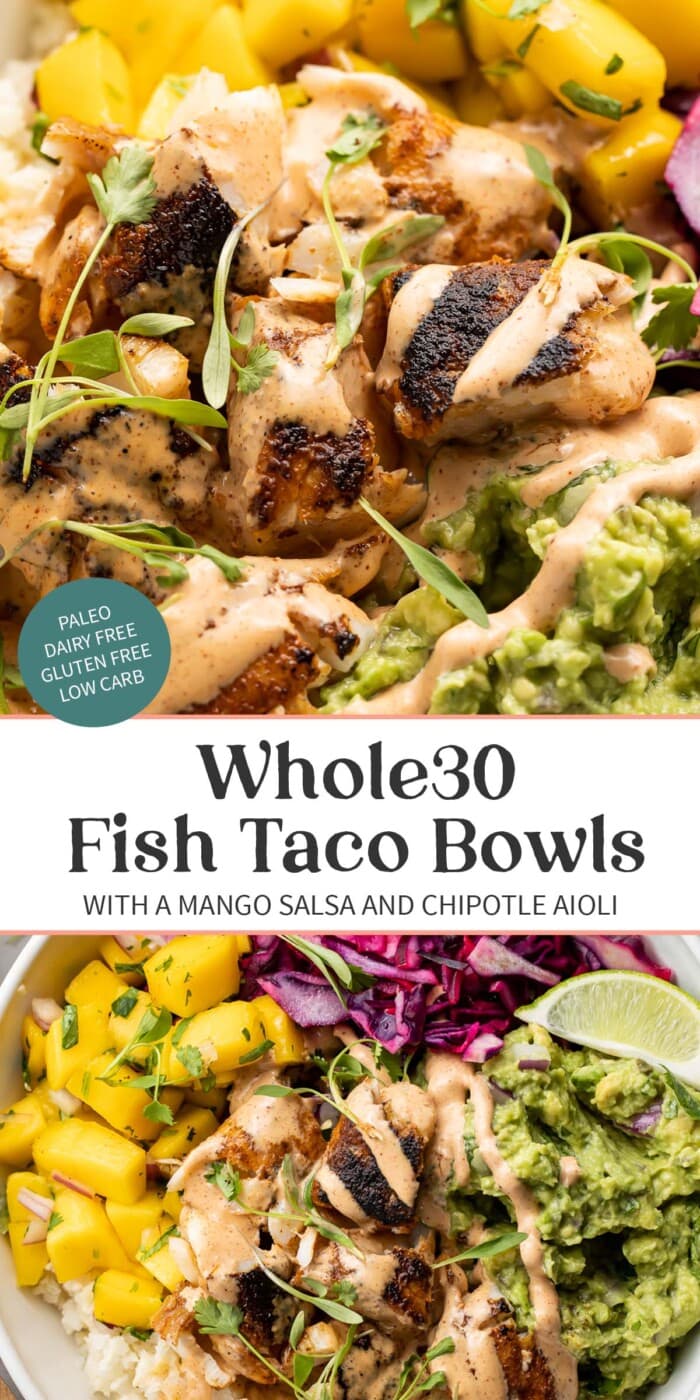 Pin graphic for Whole30 fish taco bowls