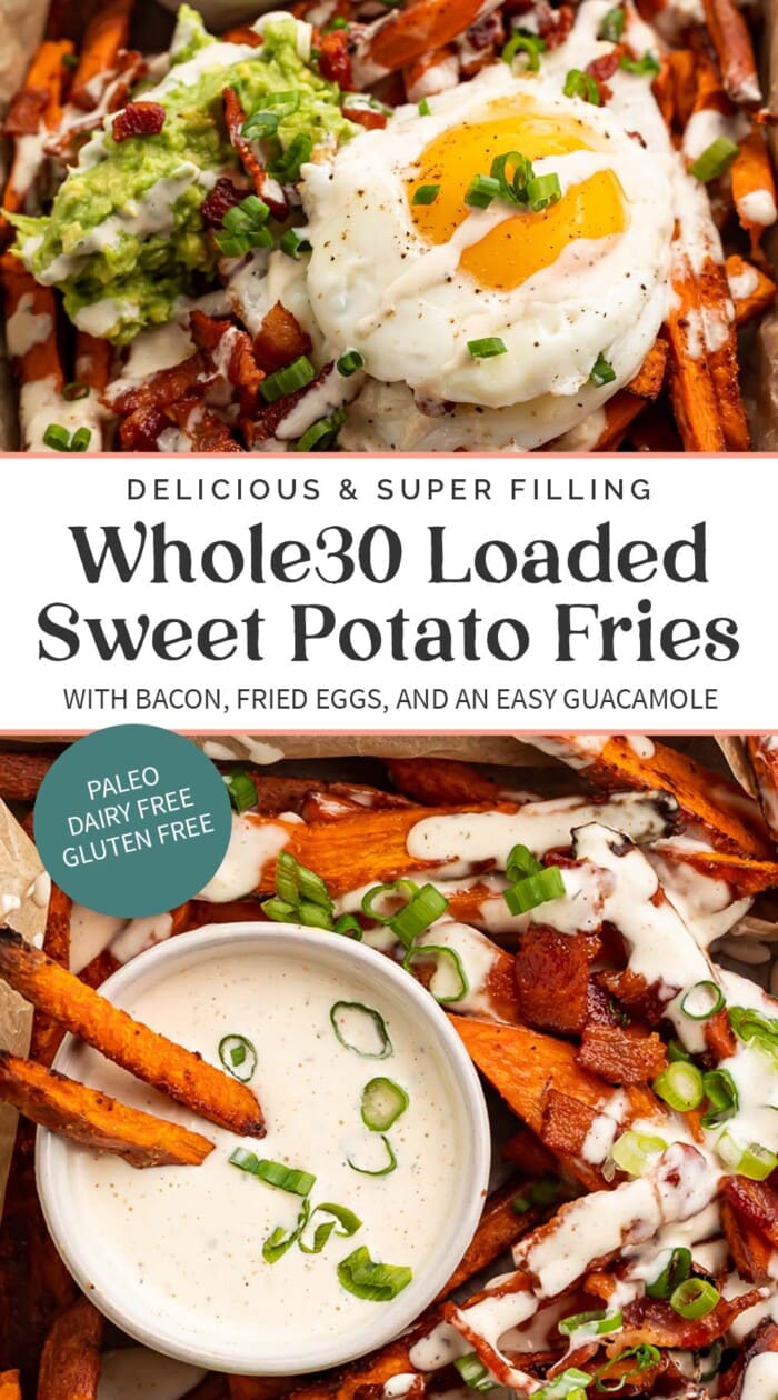 Pin graphic for whole30 loaded sweet potato fries