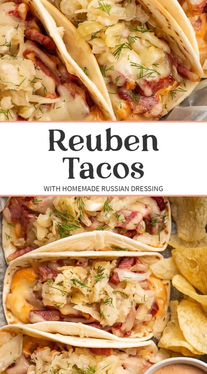 Pin graphic for reuben tacos.