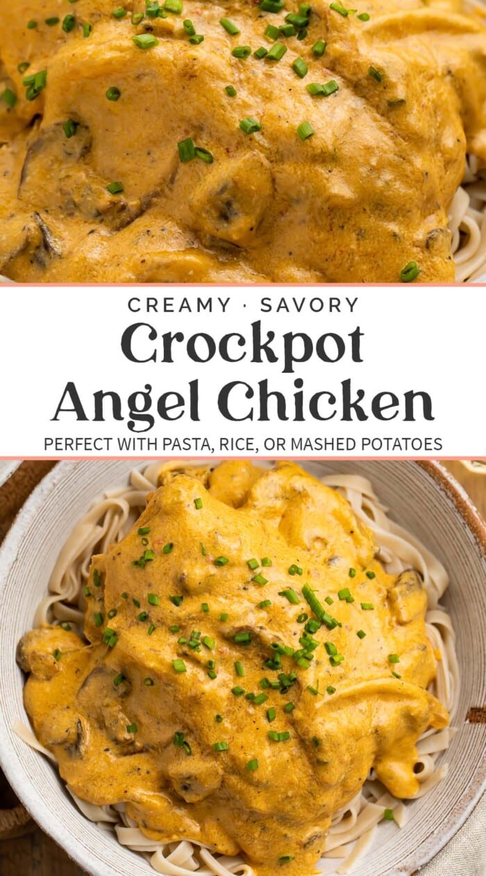 Pin graphic for crockpot angel chicken.