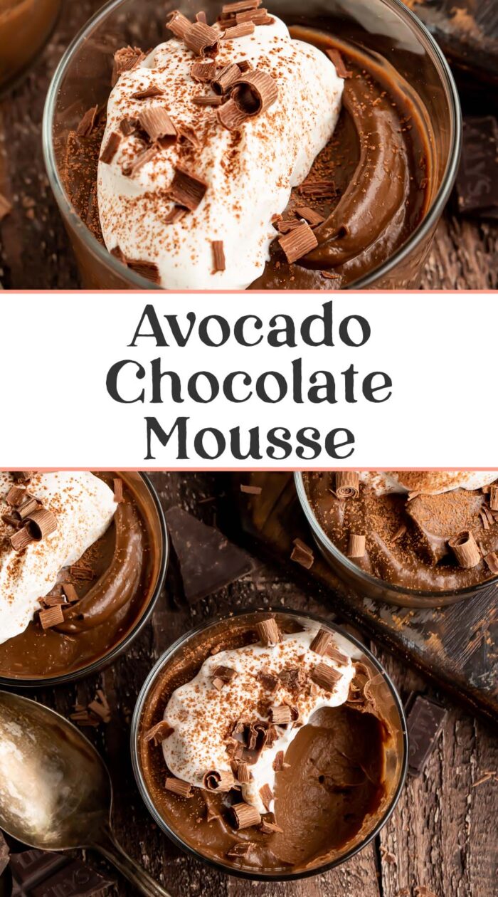 Pin graphic for avocado chocolate mousse.