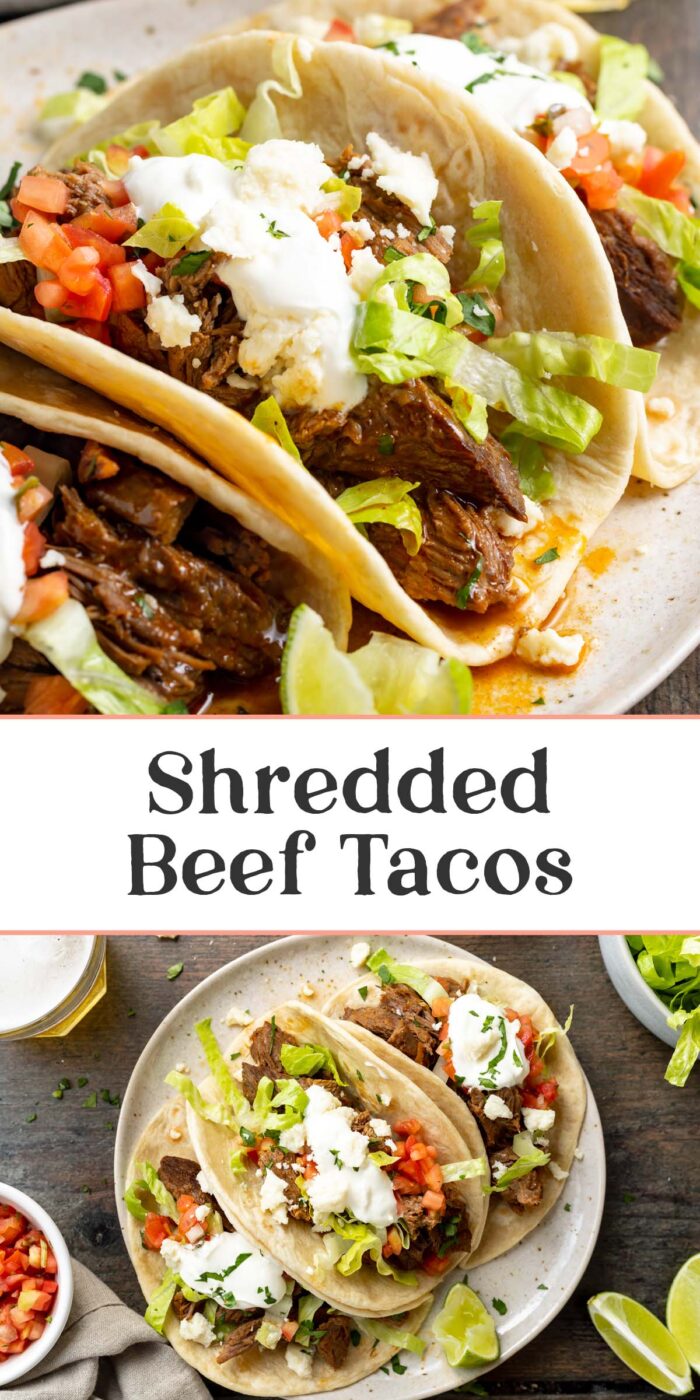 Pin graphic for shredded beef tacos.