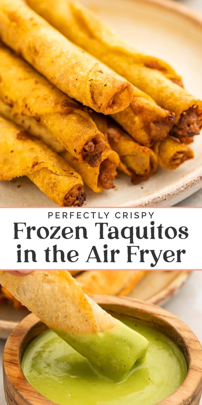 Pin graphic for frozen taquitos in the air fryer.