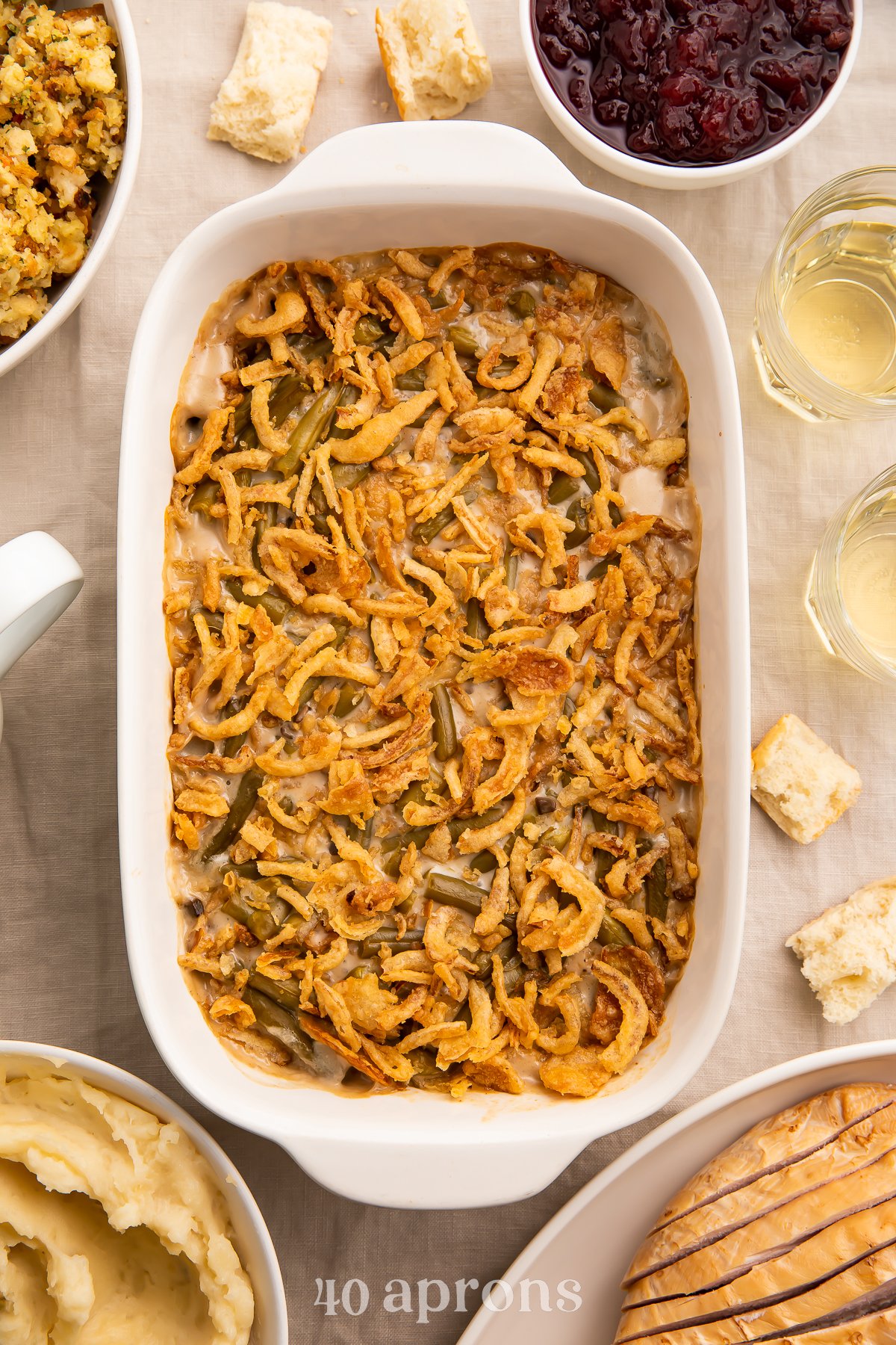 Overhead view of a large rounded rectangular casserole dish holding a make-ahead green bean casserole.