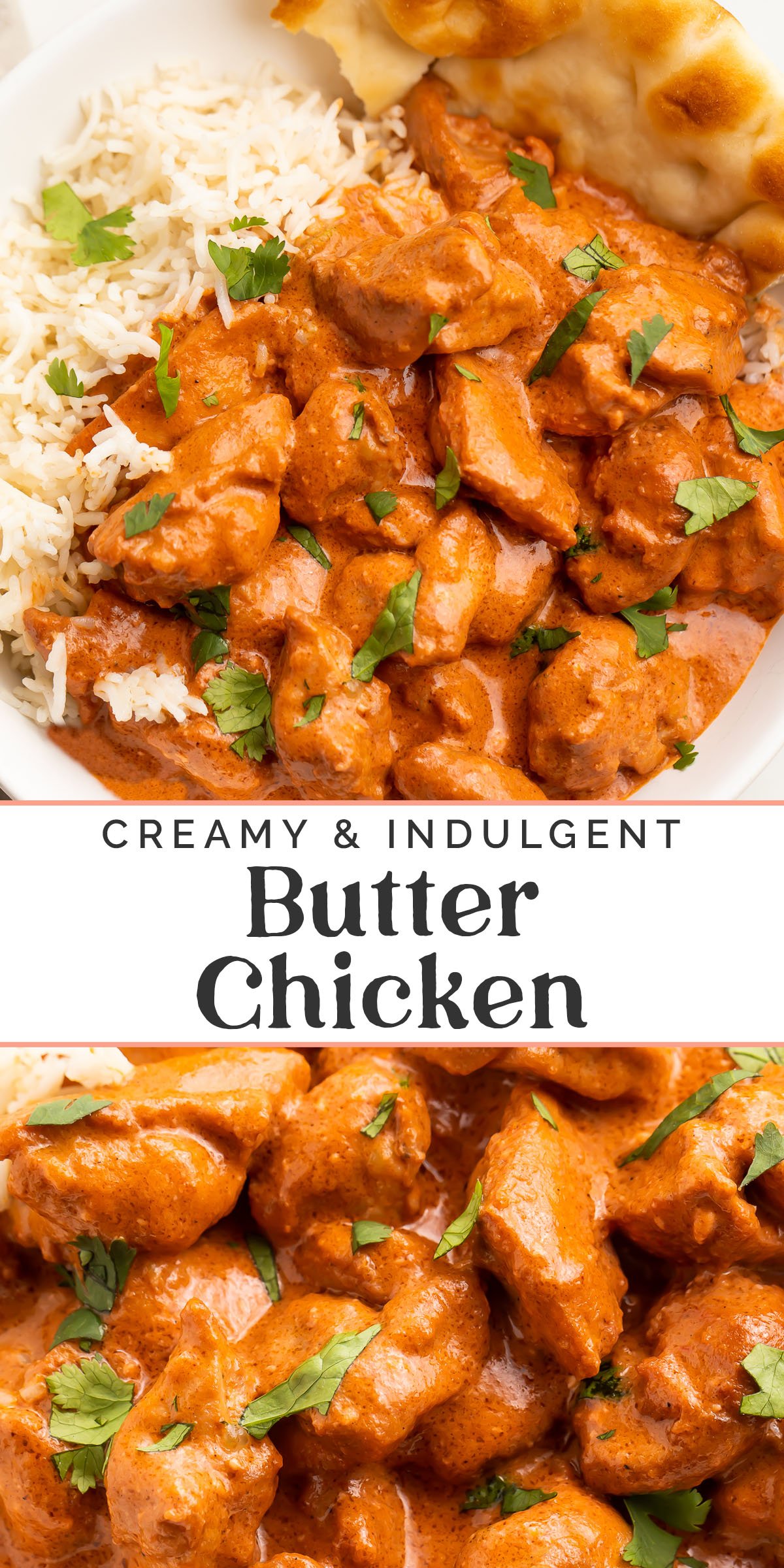 Pin graphic for butter chicken recipe.