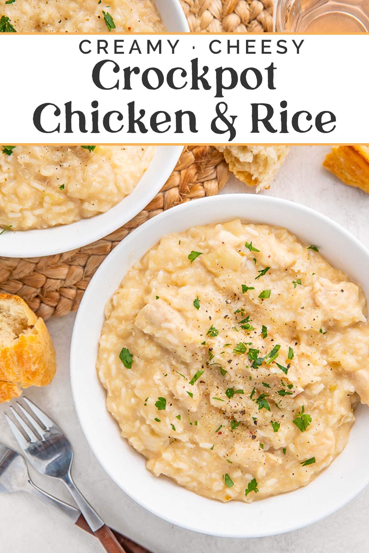 Pin graphic for Crockpot chicken and rice.