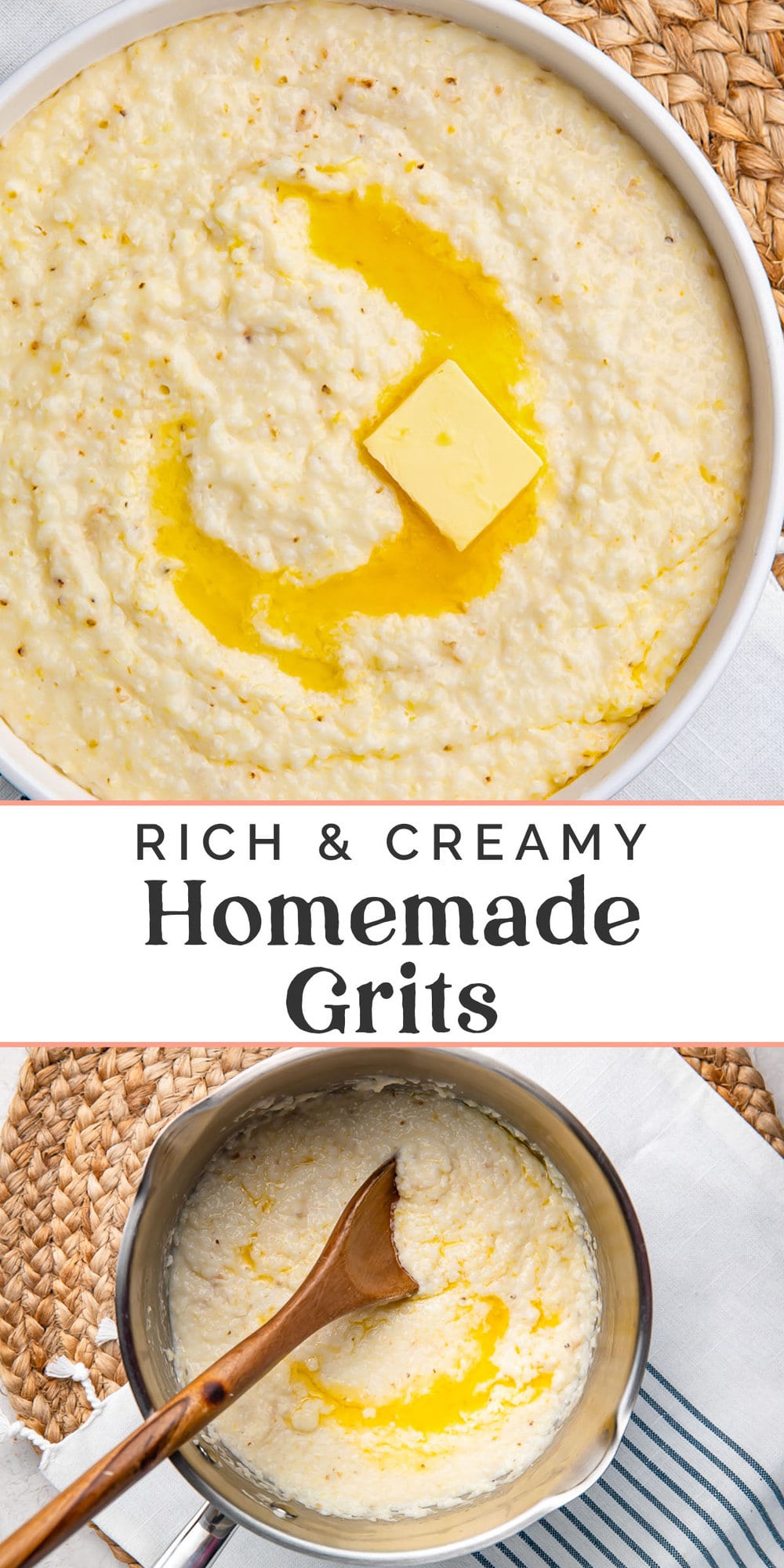 Pin graphic for creamy grits recipe.