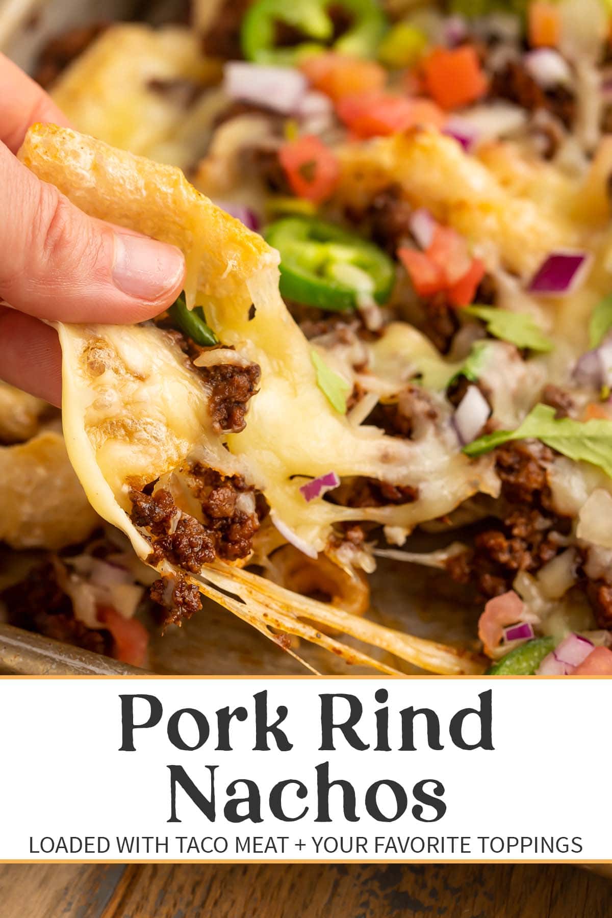 Pin graphic for pork rind nachos.