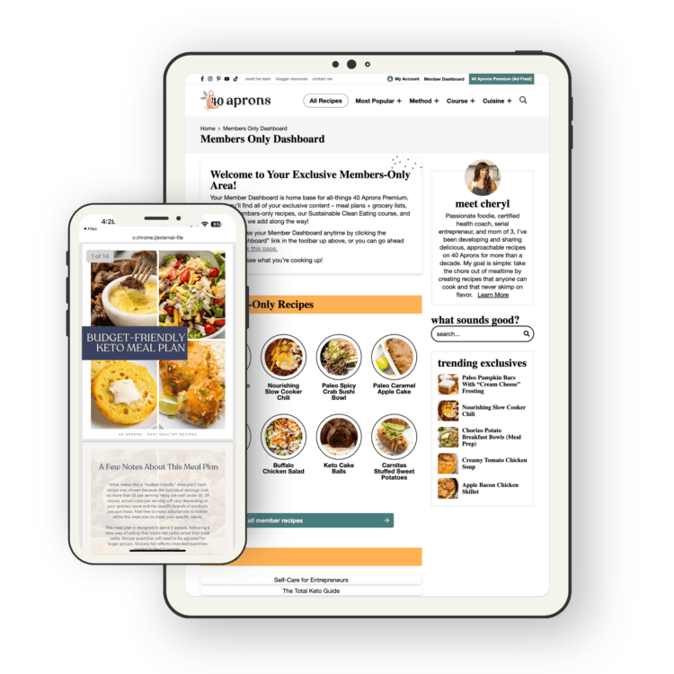 40 Aprons Premium member pages on a tablet and a smartphone.